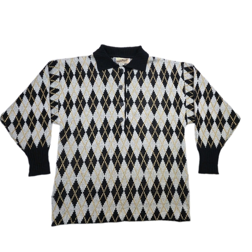 Vintage 1980s DVF Metallic Argyle Harlequin Sweater Black Silver Collared Size L